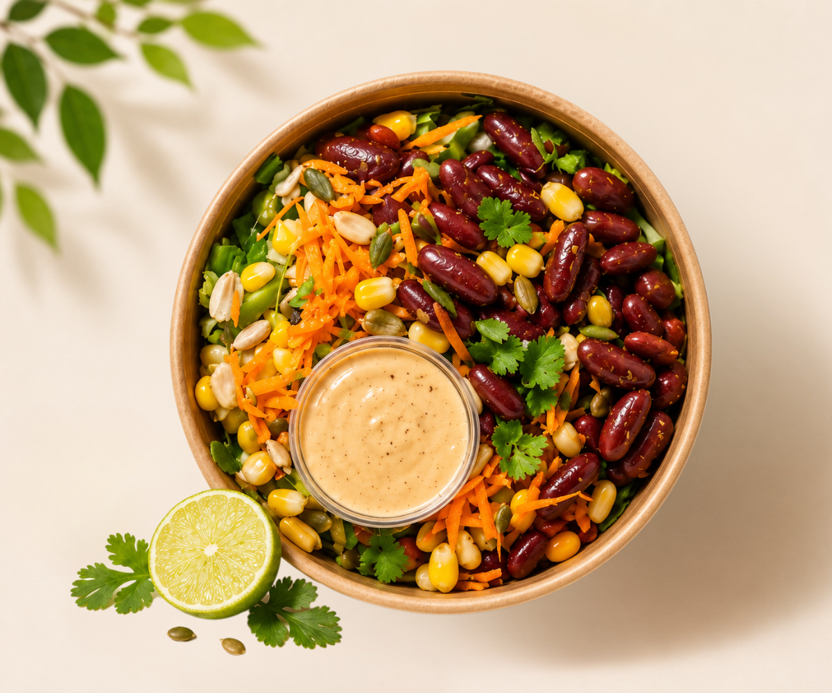 Fresh healthy salad with homemade dressing